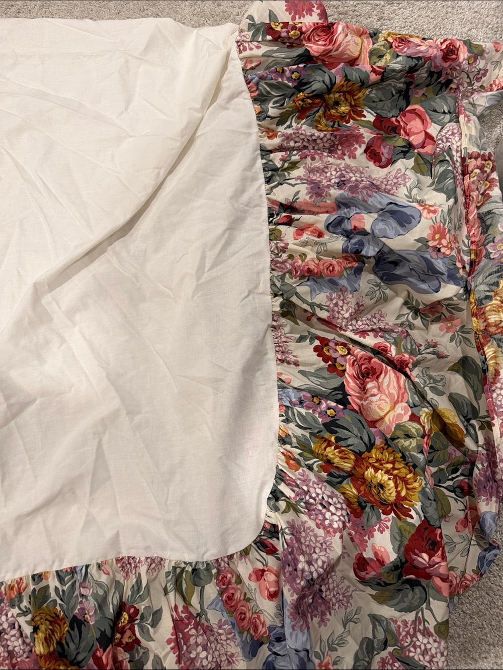 Ralph Lauren White Top Floral Ruffled Bed Skirt- Pink, Blue, Green, Gold